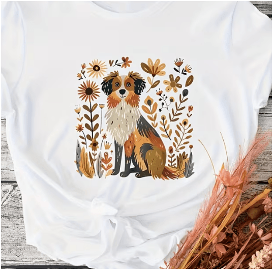 White Cozy Wear tee with folk floral dog print in rust, mustard, and cream