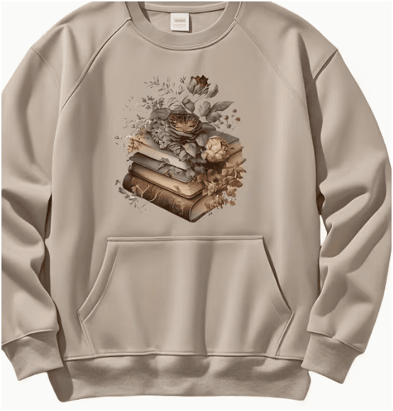 Beige Cozy Wear sweatshirt with stacked vintage books and floral bouquet print
