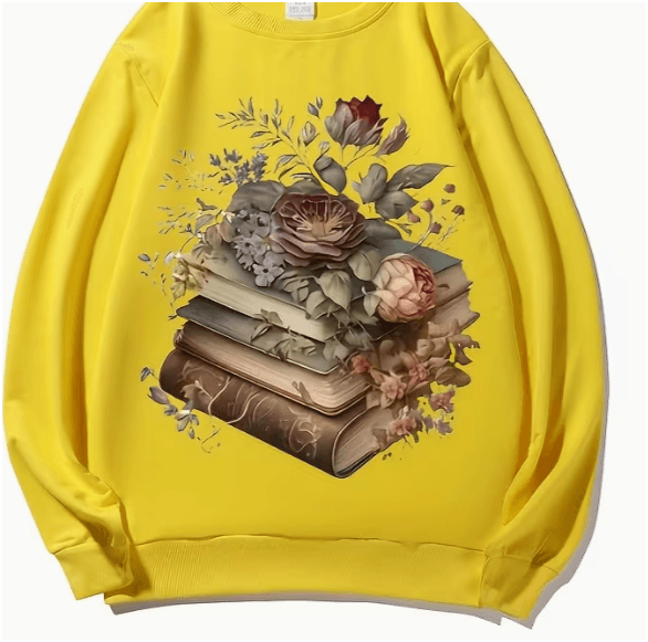 Yellow Cozy Wear sweatshirt with stacked books and vintage floral print