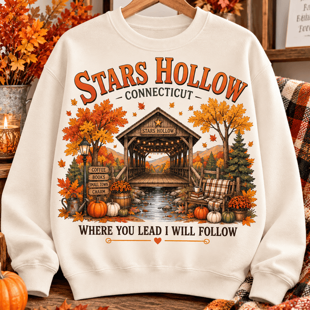 Cream Cozy Wear sweatshirt with Stars Hollow Connecticut autumn covered-bridge print