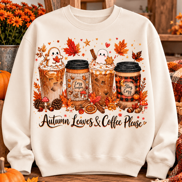 Cream Cozy Wear sweatshirt with Autumn Leaves and Coffee Please print
