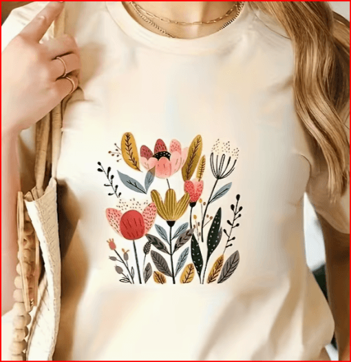 Cream Cozy Wear tee with folk floral bouquet print in pink, red, mustard, and teal