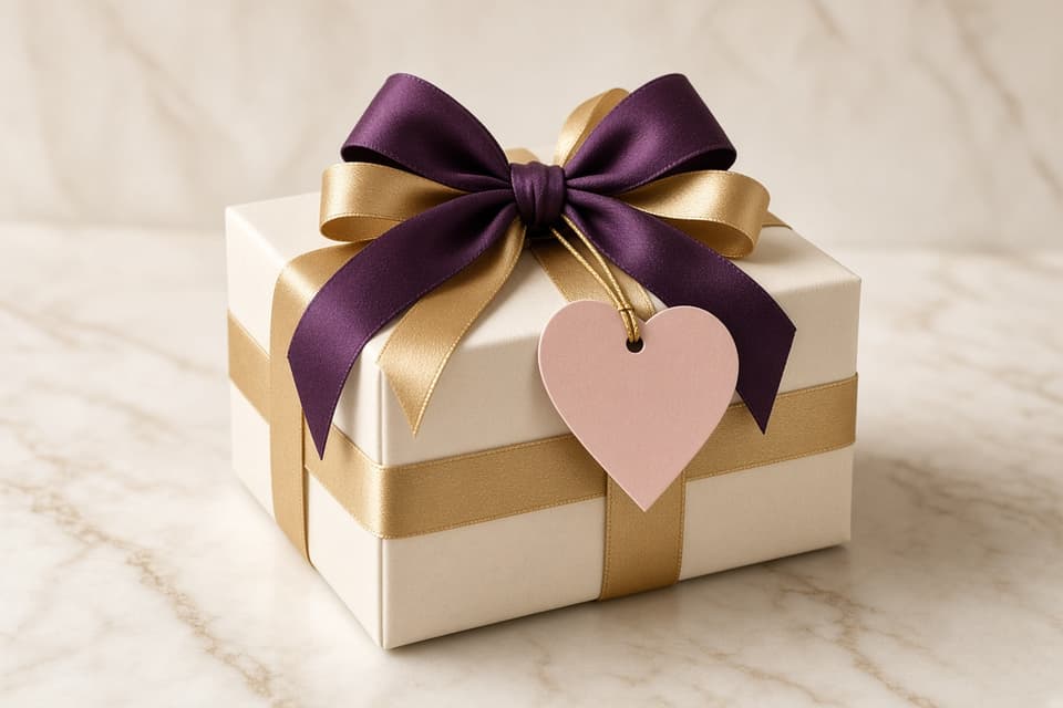 Cream gift box with a gold ribbon and purple bow